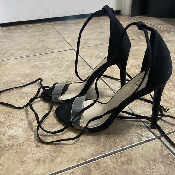 Lulus Black Pumps Suede Strappy Clear Strap Almond Toe High Heels Party Size 7 - Picture 1 of 5